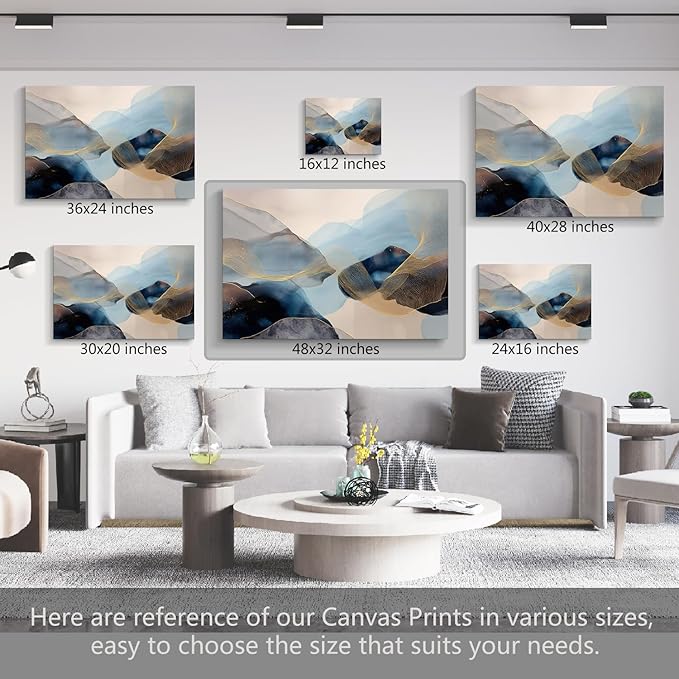 gaosoul Modern Blue Abstract Canvas Wall Art Oil Painting Giclee Print of Flowing Azure Textures Delicate Gold Filigree Soft Color Transitions Minimalism Artwork for Home Office Decor Framed 48x32in