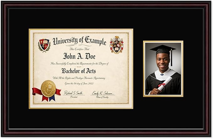 CountryArtHouse Fits 13 x 10 College Diploma (Traditional) and 5 x 7 Photo Diploma and Photo Frame Executive Brown Genuine Hardwood with Black Over Metallic Gold Double mat