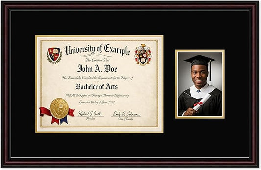 CountryArtHouse Fits 13 x 10 College Diploma (Traditional) and 5 x 7 Photo Diploma and Photo Frame Executive Brown Genuine Hardwood with Black Over Metallic Gold Double mat