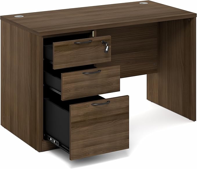 Furinno Roger 47 Inch Executive Desk with File Cabinet, Home Office Desk with 3-Drawer Fixed Pedestal Filing Cabinet, Desk Cord Grommet, for Home Office, Modern Walnut