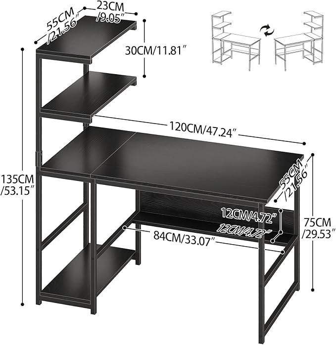 ALISENED 47 Inch Computer Desk with 4-Tier Storage Shelves, Modern Large Office Desk Computer Table Studying Writing Desk Workstation with Bookshelf and Tower Shelf for Home Office
