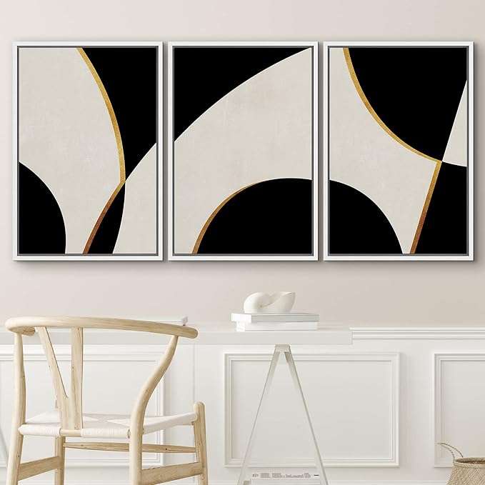 IDEA4WALL Framed Canvas Print Wall Art Set Art Deco Mid-Century Black Gold Polygons Abstract Shapes Illustrations Modern Art Decorative Contemporary for Living Room, Bedroom, Office - 16"x24"x3 White