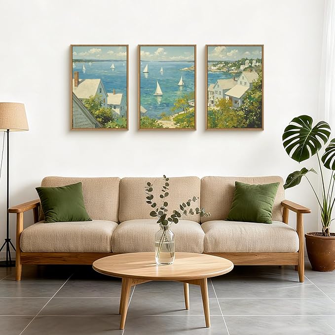Large Coastal Sailboat Framed Canvas Wall Art Set,Summer Seascape Wall Decor,Nautical Blue Ocean Art Prints,Nature Beach Artwork for Living Room,Bedroom,Dining Room,Office-24 x36 x3