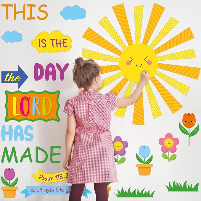 150 Pcs Spring Christian Bulletin Board Set Sunday School Bulletin Board Inspired Religious Classroom Decoration for Teacher Sunday School VBS Bible Church Summer Wall Decor(Bright Colors)