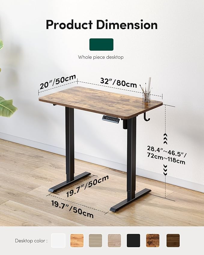 CubiCubi 32 x 20 Small One-Piece Standing Desk, Adjustable Height Electric Computer Sit Stand up Home Office Workstation, with 4 Memory Presets, Headphone Hook, Rustic Brown