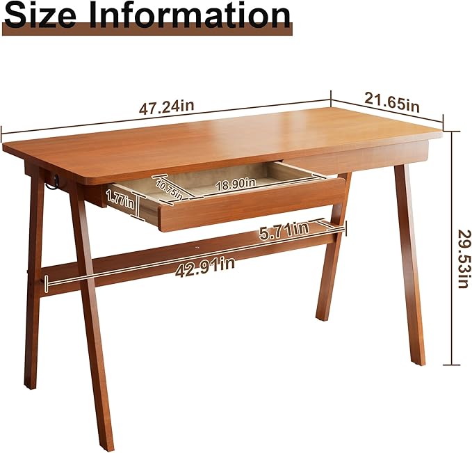 Solid Wood Desk with Drawers - 47.2 Inch Mid Century Modern Desks, Writing Desk with Drawers & Storage Shelf, Home Office Computer Desks for Bedroom & Home, Walnut Color