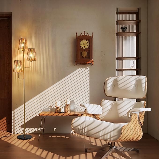 Boho Floor Lamp for Living Room:3 Light Rattan Floor Lamp for Bedroom, Gold Standing Lamp with Foot Switch, Coastal Rustic Tall Lamp, No Bulb