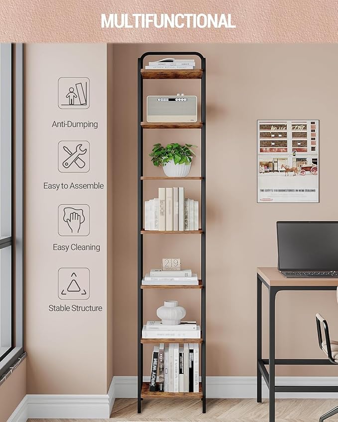 Bookcase Bookshelf, Narrow Book Shelf, Industrial Corner Shelf Storage Organizer, Slim Shelving Unit for Home Office, Living Room, Bedroom, Kitchen, 7-Tier Rustic Brown and Black BC24701B