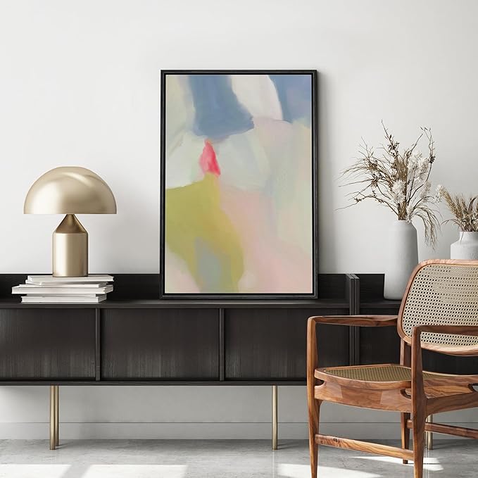 MUDECOR Framed Canvas Print Wall Art Green Blue Pastel Watercolor Collage Abstract Shape Illustrations Modern Art Decorative Bohemian Colorful Chic for Living Room, Bedroom, Office - 16"x24" Black