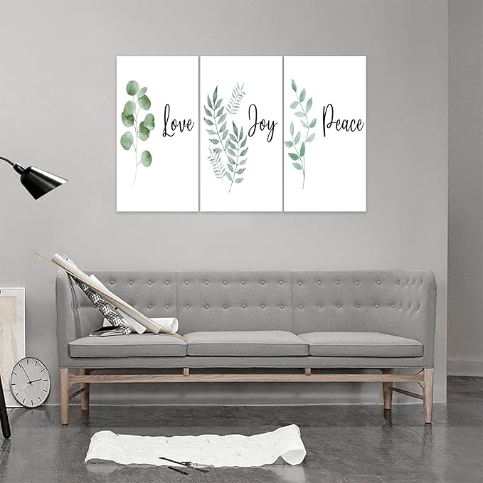 3 Piece Inspirational Wall Art, White Plants Background Picture, Quotes "Love Joy Peace" Canvas Print for Bedroom Decor, Triptych Entrepreneur Painting Framed Artwork for Gym Wall Decor (36"Wx18" H)