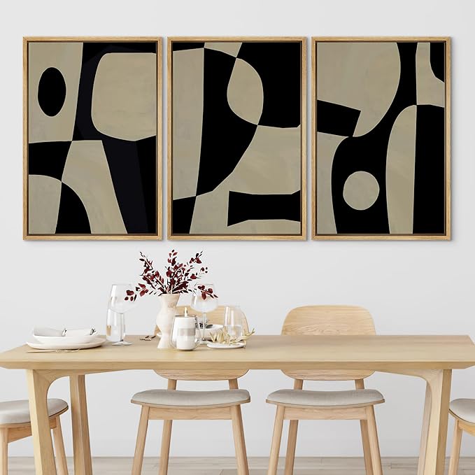 SIGNLEADER Framed Canvas Print Wall Art Set Black Geometirc Block Abstract Shapes Illustrations Minimal Decorative Bohemian Nordic for Living Room, Bedroom, Office - 24"x36"x3 NATURAL