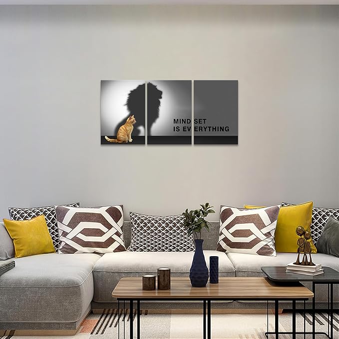 Mindset is Everything Wall Art Lion Cat Motivational Wall Decor for Office Pictures Posters Framed Inspirational Canvas Wall Art Prints Painting Artwork Decor Ready to Hang in Living Room Bedroom