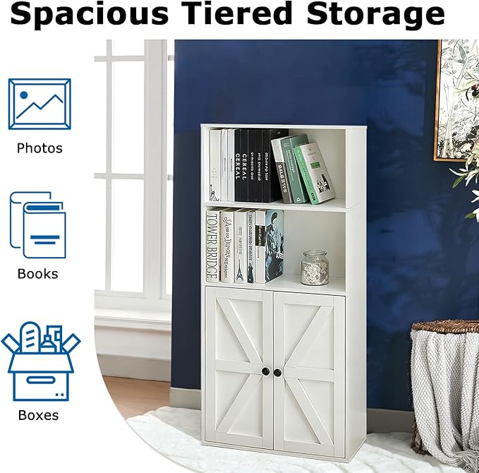 Bookshelves and Bookcases with Barn Doors Set of 2, Farmhouse Bookshelf with Display Shelves, Floor Standing 4-Tier Book Shelf with Storage Cabinet for Home Office, Living Room, Bedroom