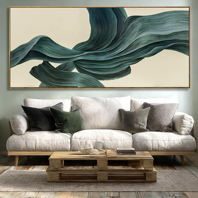 Large Abstract Canvas Wall Art 32x70 Inch, Dark Green Framed Canvas Wall Art, Modern Horizontal Printed Wall Art with Wooden Frame for Living Room Home Decor