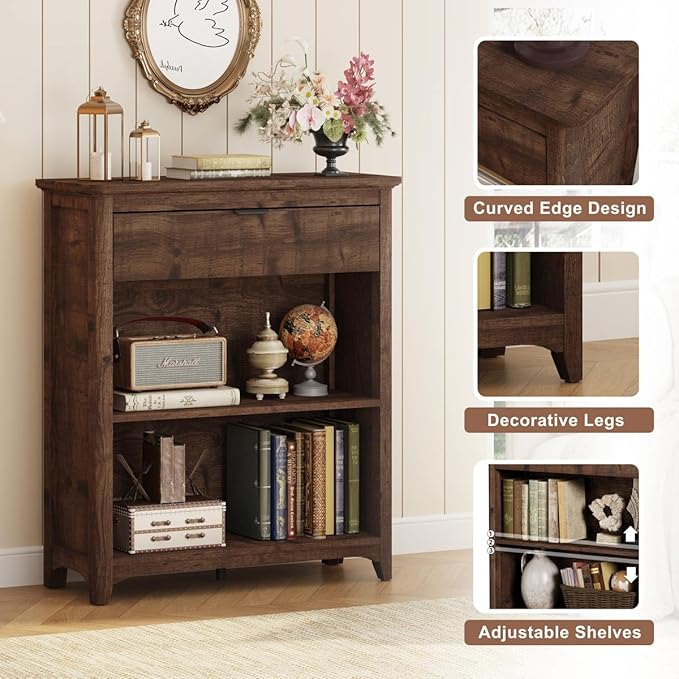 BON AUGURE Rustic Bookshelf Bookcase, Wood Book Shelf with Drawer, 3 Tier Book case for Small Space, Low Book case for Living Room, Home Office, Bedroom (Rustic Oak)