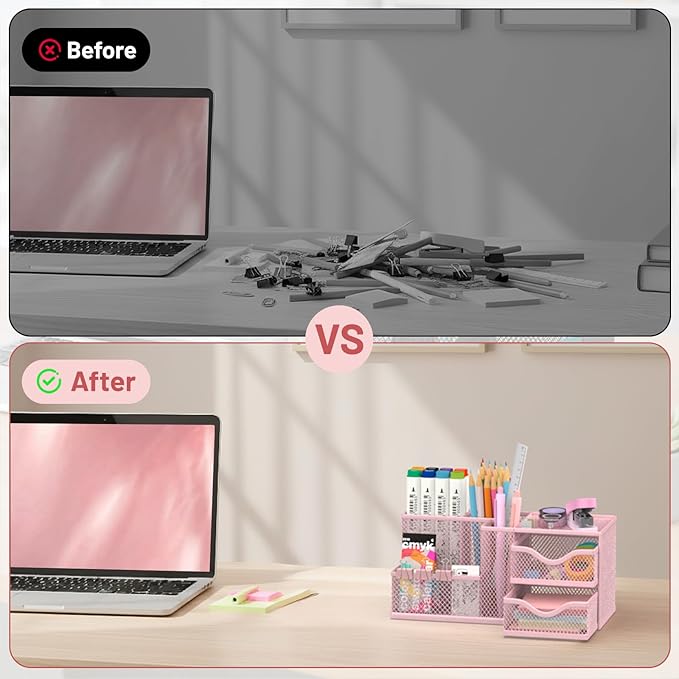 Mesh Desk Organizer, Pen Organizer with 2 Drawers and 5 Compartments, Versatile Pen Holder for Small Space, Desk Organizers and Accessories for School Office Supplies, Pink