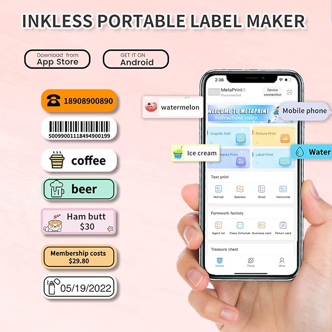 D30 PRO Label Printer Pocket Smartphone Label Maker BT Wireless Thermal Printing 203DPI Support 15mm Width Adhesive DIY Date Journal Study Sticker Compatible with Android iOS for Home Office