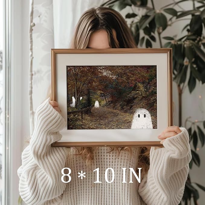uniro Vintage Halloween Ghots Canvas Wall Art Cute Ghost in Field Pictures Wall Decor Spooky Gothic Dark Academia Paintings Prints for Living Room Bedroom Bathroom, Halloween Home Wall Decor( 8" x 10"-UNFRAMED)