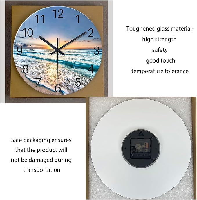 Blue Beach Wall Clock for Kitchen 14 Inch Round Coastal Clocks for Walls Analog Glass Wall Clock Non Ticking