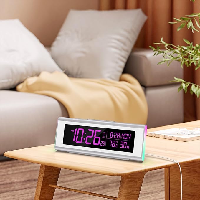 Alarm Clocks for Bedrooms, LED Desk Clock with RGB Night Light, Brightness Dimmer, Date, Week, Temperature Large Display, Modern Decor for Desk, Office, Gift for Kids, Teen, Adults (Silver)