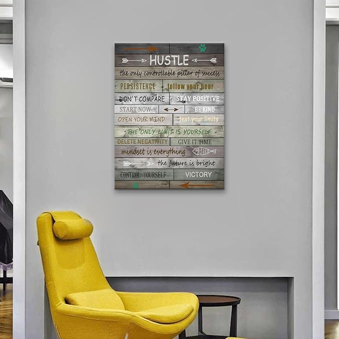 Inspirational Canvas Wall Art Motivational Hustle Sign Painting Retro Picture Poster Positive Motto Office Quotes Print Artwork for Living Room Bedroom Framed Stretched Ready to Hang [18''Wx24''H]