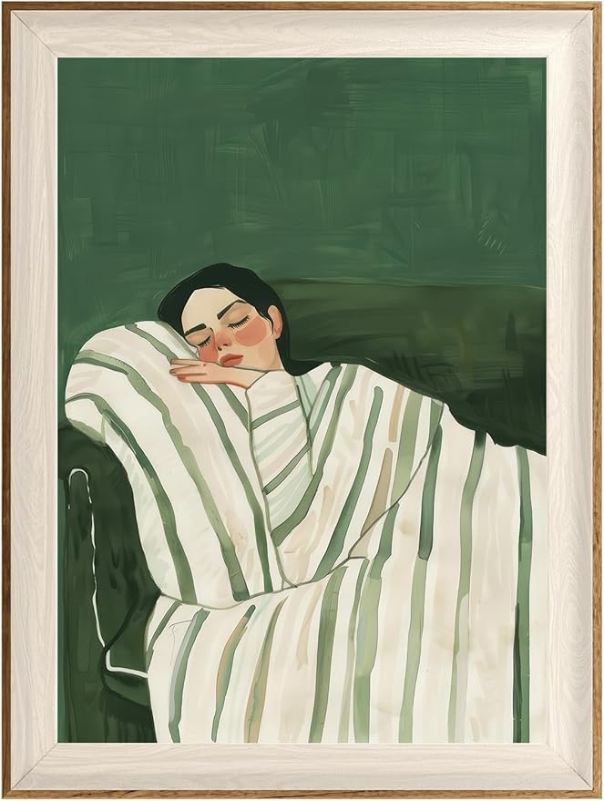 ASTRDECOR Minimalist Framed Wall Art - Cozy Woman Sleeping on Couch, Emerald Green & White Striped Blanket, Modern Aesthetic Bedroom or Living Room Décor, Eclectic Canvas Art Prints for Apartment 12x16Inch