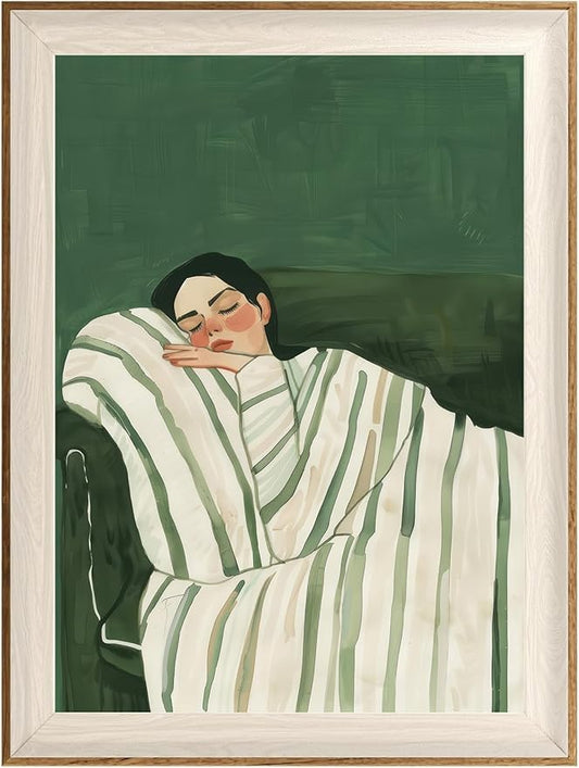 ASTRDECOR Minimalist Framed Wall Art - Cozy Woman Sleeping on Couch, Emerald Green & White Striped Blanket, Modern Aesthetic Bedroom or Living Room Décor, Eclectic Canvas Art Prints for Apartment 12x16Inch