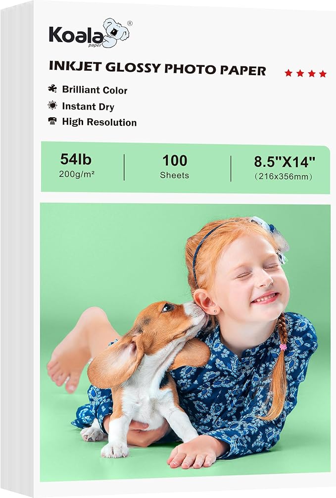 Koala Glossy Inkjet Photo Paper Thick 8.5X14 Inches 100 Sheets 54lb Picture Paper for Inkjet Printer Use DYE INK for Family Photos Legal Size 200gsm