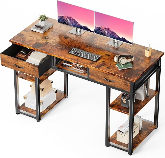 DUMOS 48" Small Computer Home Office Desk for Bedroom with Drawers, Gaming Writing Study Table with Storage Shelf, Adjustable Feet, Metal Frame Rustic Brown