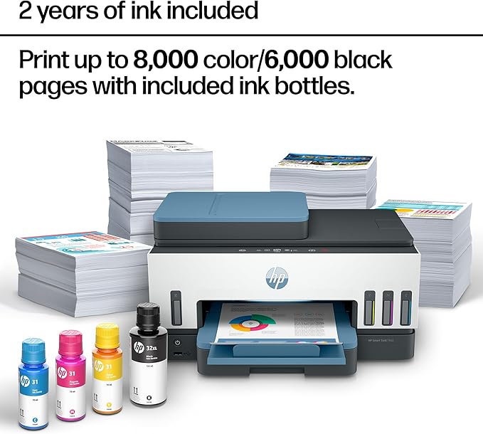 HP Smart Tank 7602 Wireless All-in-One Ink Tank Printer, Scanner, Copier with 2 Years of Ink Included, Best-for-Home Office, Cartridge-Free Refillable, AI-Enabled (28B98A)
