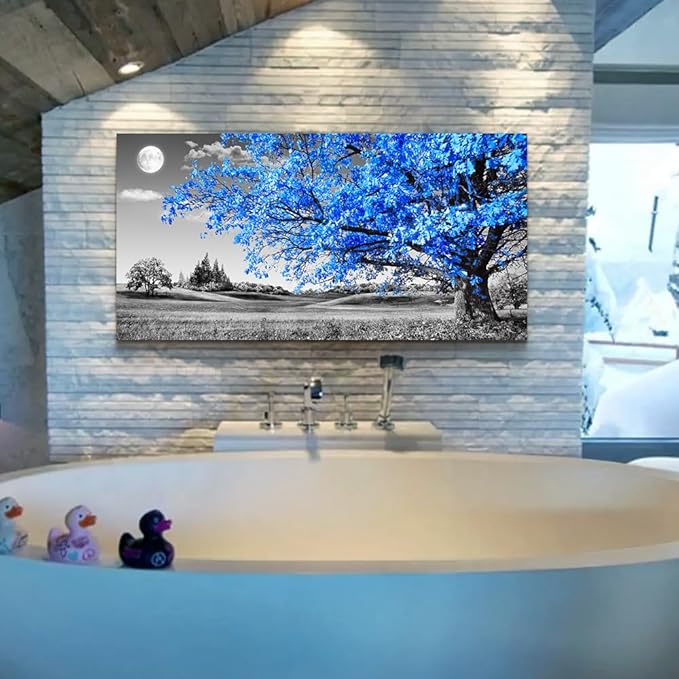 Wapluam Canvas Wall Art For Living Room Modern Wall Decor For Bedroom Black And White Wall Paintings Blue Tree Scenery Pictures Prints Artwork Office Decor Room Aesthetic Home Decor 20" X 40"
