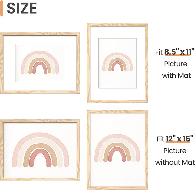 upsimples 12x16 Picture Frame Set of 5, Display Pictures 8.5x11 with Mat or 12 x 16 Without, Wall Gallery Poster Frames, Natural