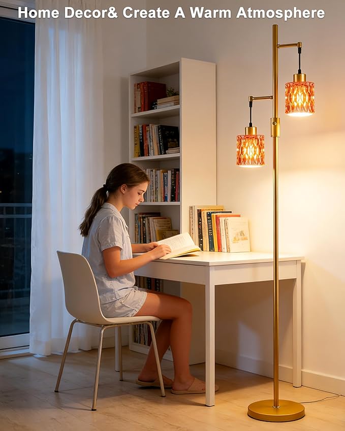 Lightdot 65IN Industrial Gold Floor Lamp for Living Room, 2- Light Rose Red Glass Floor Lamps with 3000K Warm White Bulbs, Modern Tree Standing Tall Lamp for Bedroom Office