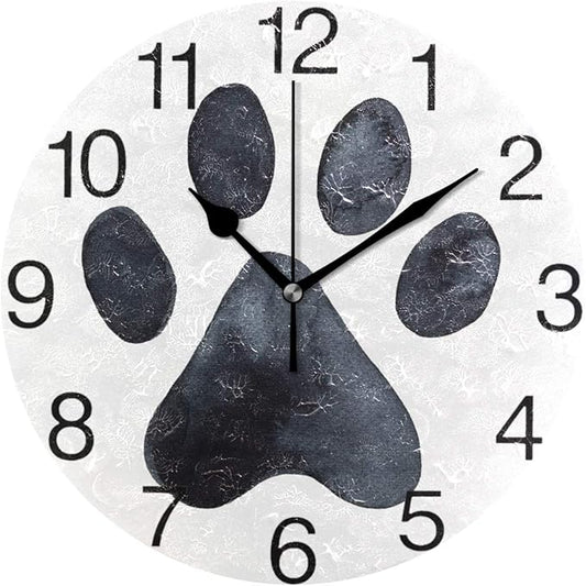 senya Black Dog Paw Print Design Round Wall Clock, Silent Non Ticking Oil Painting Decorative for Home Office School Clock Art
