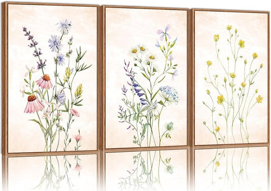 SIGNINART Watercolor Wildflower Framed Canvas Wall Art Set of 3, Boho Botanical Spring Floral Wall Decor, Colorful Minimalist Plant Art Prints for Farmhouse Living Room, Bedroom, Office, Bathroom 16"x24"