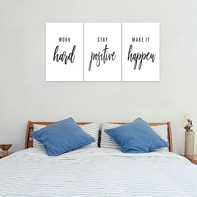 3 Piece Inspirational Wall Art, White Motivational Mindset Picture, Quote "Work Stay Make It" Canvas Print for Office Decor, Triptych Entrepreneur Poster Framed Artwork for Gym Wall Decor (72"Wx36" H)