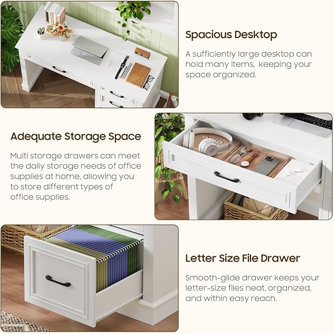 Vabches Farmhouse 47" Executive Desk with File Drawer, Computer Desk with 4 Drawers, Workstation for Study, Home Office, Writing, Cream White