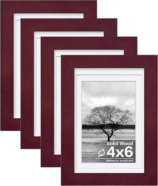 Egofine 4x6 Frames Set of 4, Made of Solid Wood Covered by Plexiglass 3x4.5 and 3.5x5 with Mat or 4x6 without Mat, for Table Top Display and Wall Mounting Photo Frame, Cherry Red