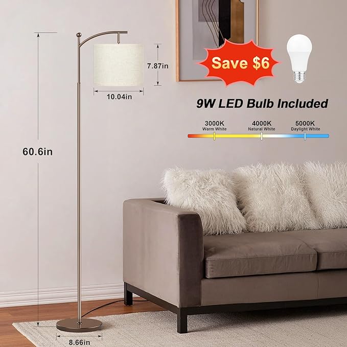 Ambimall 60" Floor Lamps for Living Room with 3 Color Temperatures, Adjustable Beige Shade with Brown Pole, Tall Lamps for Living Room Bedroom Office Classroom Dorm Room, 9W Bulb Included
