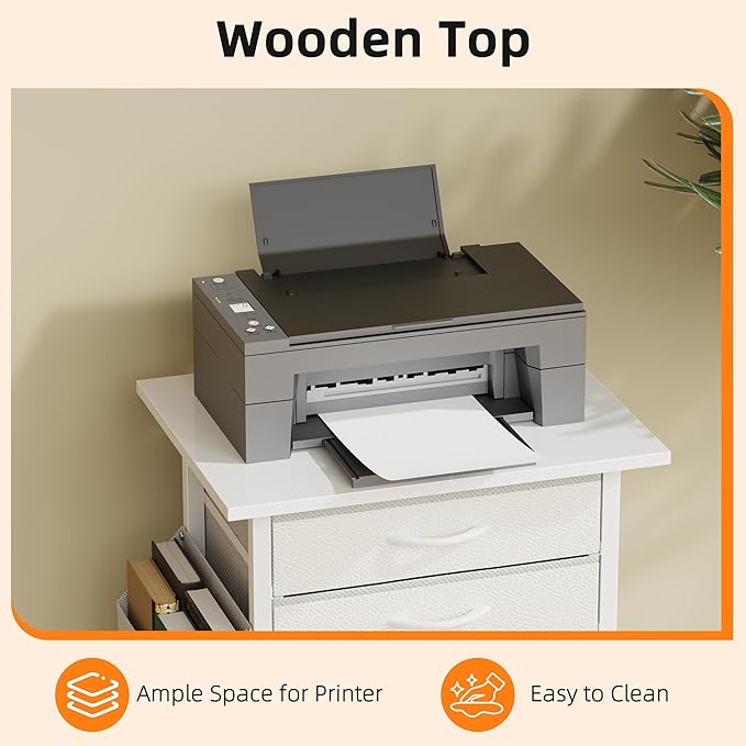 5 Fabric Drawers File Cabinet with Side Pocket, Rolling Printer Stand with Storage for Home Office, Wood Top Storage Cabinet for Documents and Crafts, White, 15" D