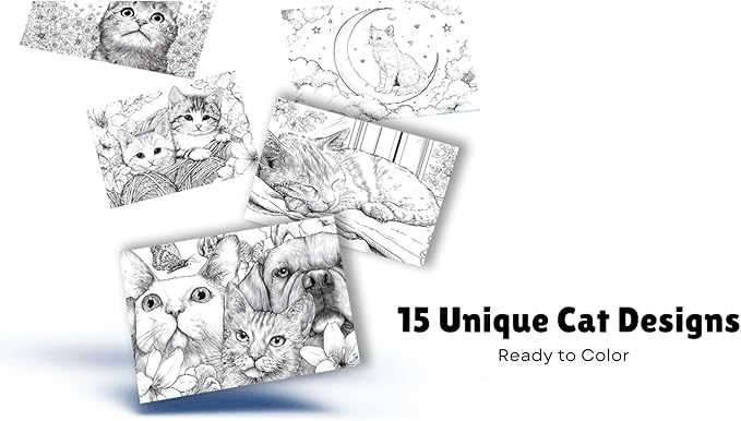 Artwink Watercolor Coloring Cards – Cat Theme, 15 Sheets (5x7 Inches, 300gsm), Works with Watercolor, Colored Pencils, or Markers, Great for Coloring Book Lovers & Watercolor Painting Practice