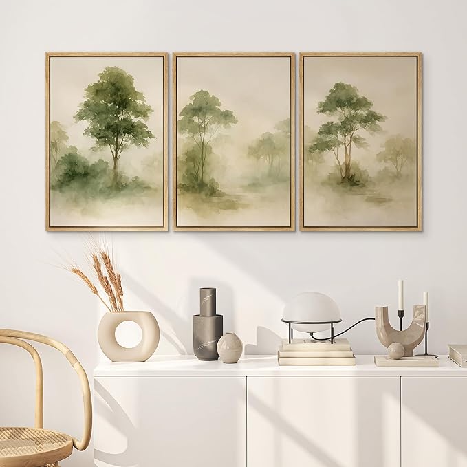 SIGNWIN Framed Canvas Print Wall Art Set Forest Trees Green Nature Landscape Illustrations Modern Art Decorative Nordic Abstract for Living Room, Bedroom, Office - 16"x24"x3 Natural