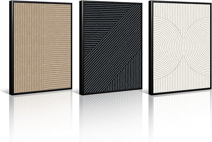Modern Abstract Pictures Wall Art Boho Neutral Canvas Wall Art Minimalist Line Wall Decor Beige Black Brown Artwork Abstract Modern Painting Prints for Living Room Bedroom 16x24 Inch Framed Set of 3