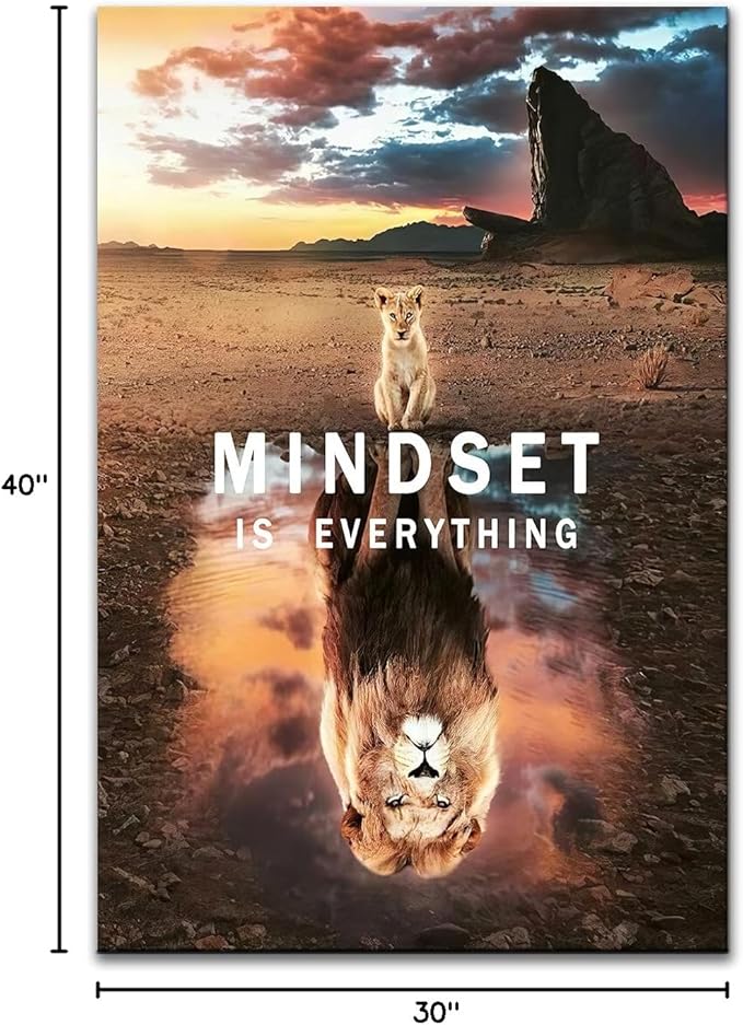 Motivational Canvas Wall Art Inspirational Poster Prints Mindset is Everything Small Cat Big Lions Picture Cute Animal Painting Framed Artwork for Home Office Decor Ready to Hang [30''W x 40''H]