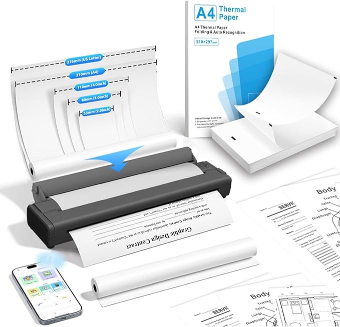 Asixxsix Portable Printer, Bluetooth Type C 8.5 x 11inch Inkless Thermal Printer, Small Mobile, Compatible with iOS, Android, Laptop for Office, Home, Car, Black (Black)