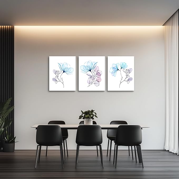 3 Piece Modern Blue Flowers Canvas Wall Art for Bedroom Living Room decor,Bathroom Wall Decor,3 Panels framed Wall Watercolor Painting Kitchen Home Decoration Canvas Print Artwork Wall Mural
