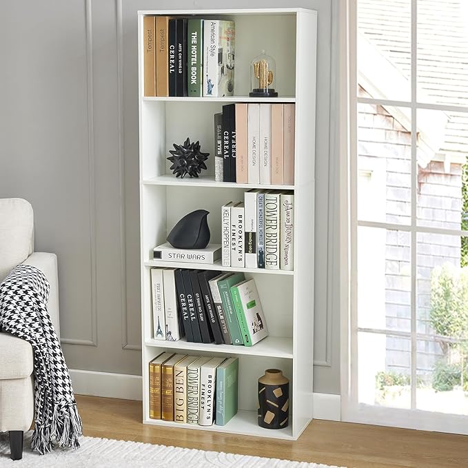 Tall Bookshelves with Cabinet, Office Storage Cabinets and Bookshelf, 5-Tier Wooden Bookcase with Storage, Floor Standing Display Cabinet Shelves for Living Room, Home Office, White