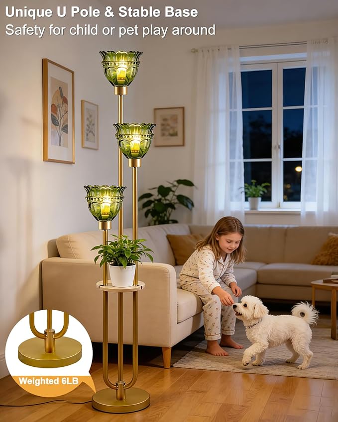 Lightdot 3-Lights Glass Floor Lamp for Living Room Mid Century Modern Gold Floor Lamp with Green Glass Shade & 3000K Bulbs Included Tall Standing Lamp for Bedroom/Sofa Beside/Corner Decor