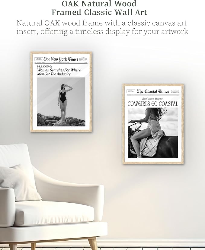 iHery Natural OAK Wood Framed Trendy NewsPaper Wall Art,12x16in Retro Magazine Canvas Wall Art, Funny Bathroom Decor,Woman Searches For Where Men Get The Audacity,Girly Bedroom Dorm Artwork 1Pack