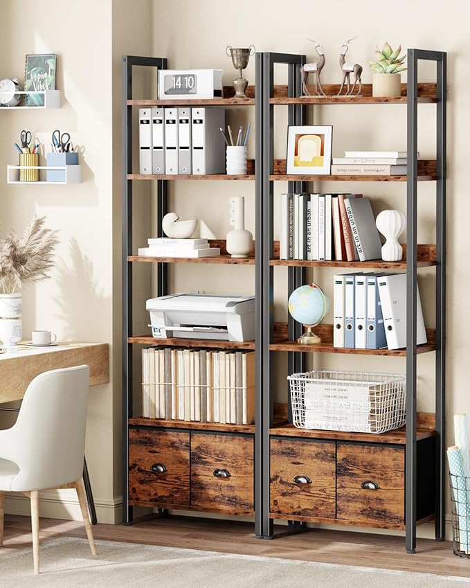 Furologee 6-Tier Bookshelf Set of 2,Tall Bookcase with 2 Drawers and Shelves, Industrial Display Free Standing Shelf Units, Storage Rack Organizer for Bedroom, Living Room, Home Office, Rustic Brown